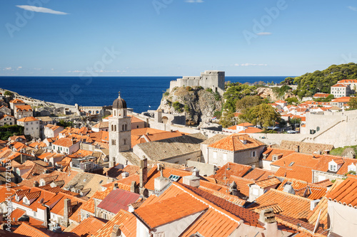 view from above of the old city, Franciscan monastery and fortress Lovrijenac. Dubrovnik, Croatia