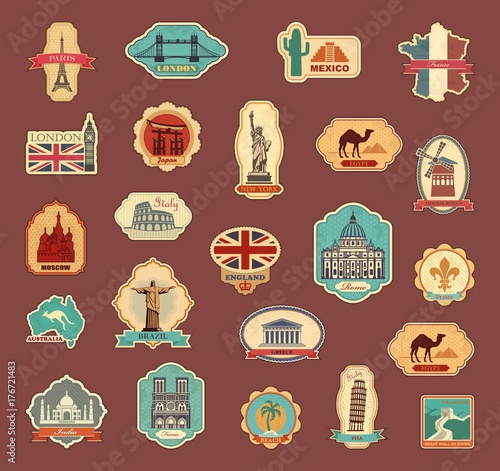 Travel stickers and symbols different countries