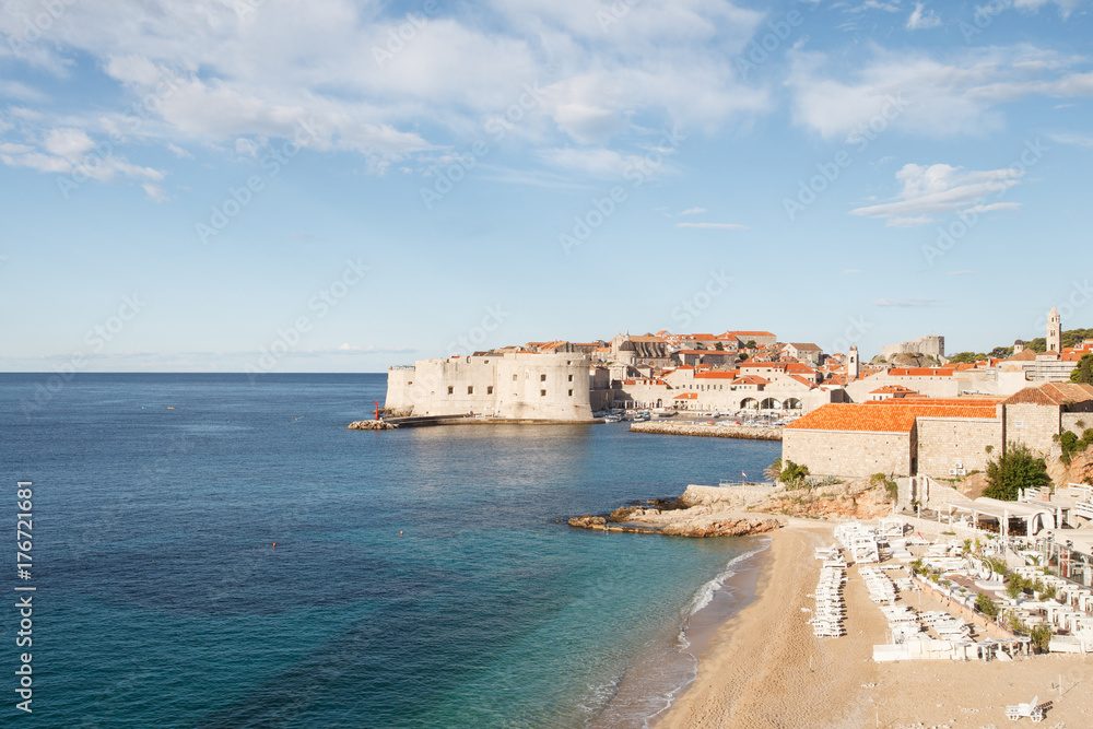 Magic view of the sandy Banje beach and fortress in Dubrovnik. Croatia