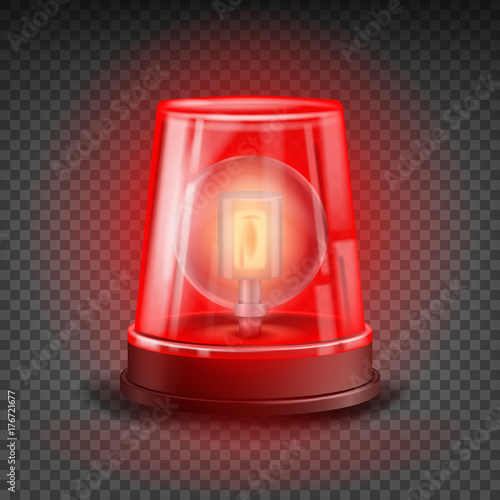 Red Flasher Siren Vector. Realistic Object. Light Effect. Beacon For Police Cars Ambulance, Fire Trucks. Emergency Flashing Siren. Transparent Background Illustration
