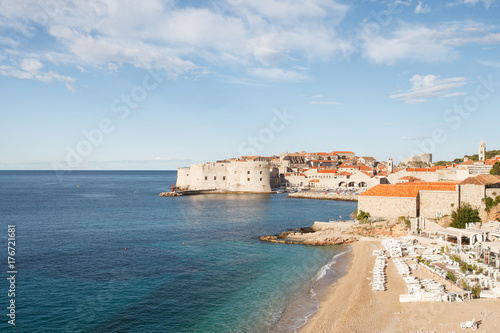 Magic view of the sandy Banje beach and fortress in Dubrovnik. Croatia