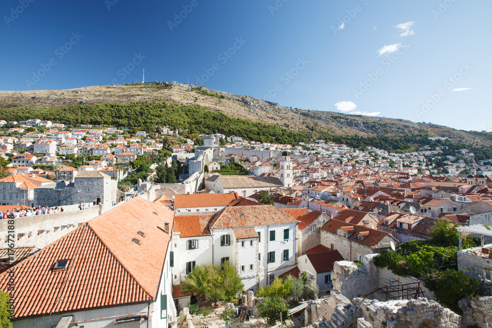Panoramic view of the old city, ancient walls and mountain. Dubrovnik, Croatia