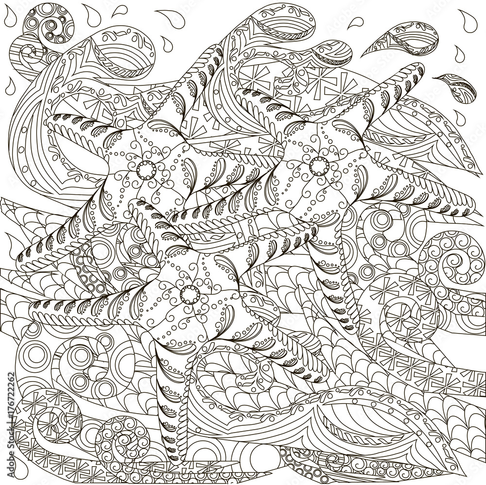 Monochrome hand drawn doodle starfish on waves, stock vector illustration