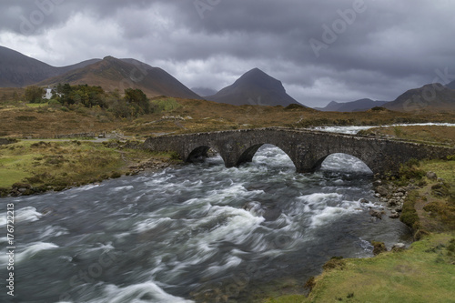 The old bridge at Sligachan on the Isle of Skye in the Cuillin Hills in the Inner Hebrides of northwest Scotland.