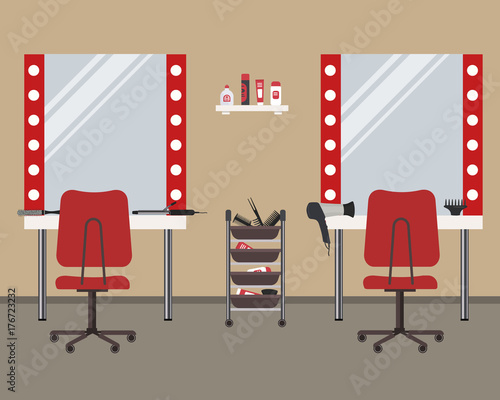 Interior of a hairdressing salon. Beauty salon. There are tables, red chairs, mirrors, hair dryer, combs and other objects in the picture. Vector illustration.