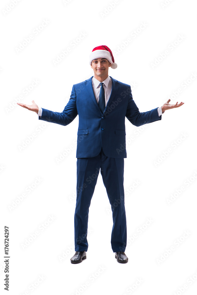 Young busnessman wearing santa hat in christmas concept on white Young busnessman wearing santa hat in christmas concept on white