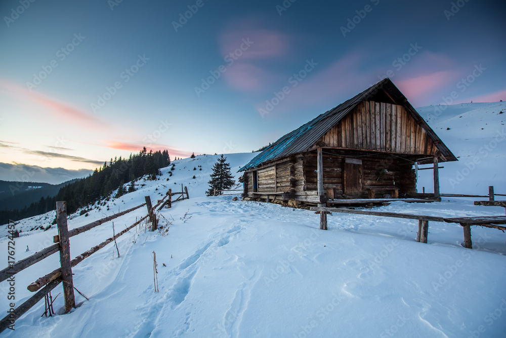 Shelter in winter Carpathian mountains