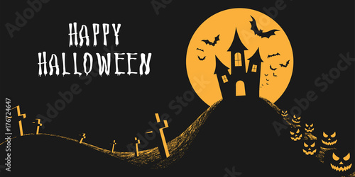 Halloween night background with castle, full moon, scary pumpkins, bats and graveyard. Happy halloween banner or greeting card.