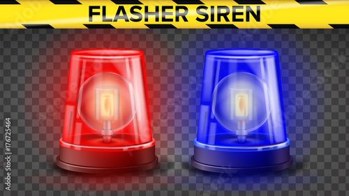 Red And Blue Flasher Siren Vector. 3D Realistic Object. Light Effect. Rotation Beacon. Police Cars Ambulance. Emergency Flashing Siren. Isolated On Transparent Background Illustration