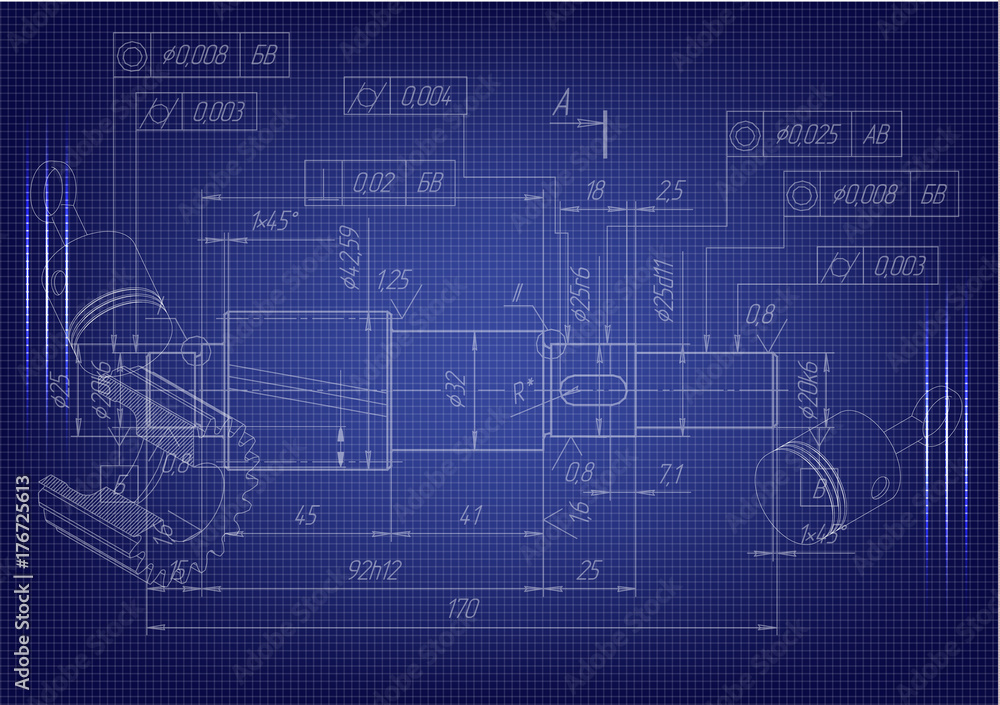 Machine-building drawings on a blue background