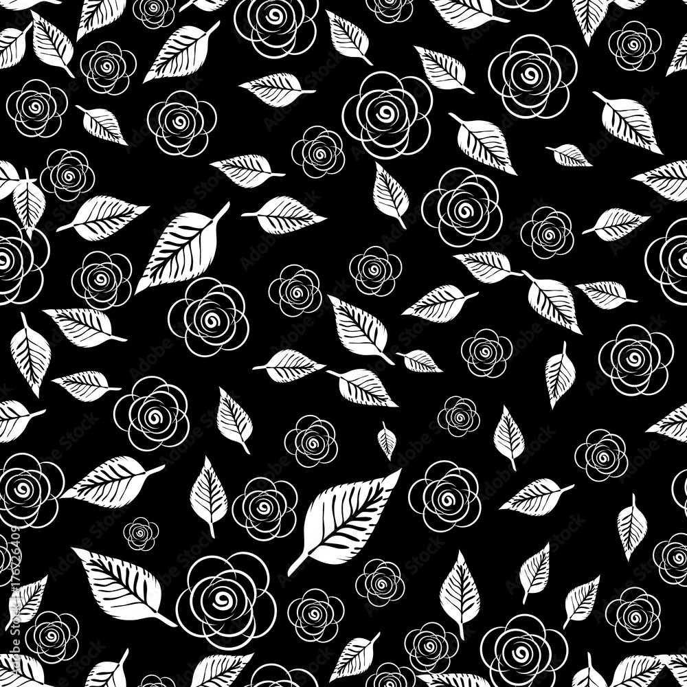 Black and white vintage seamless pattern of roses , leaves, silhouette