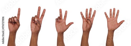 Set of black man's hands. Male hand show figures, counting photo