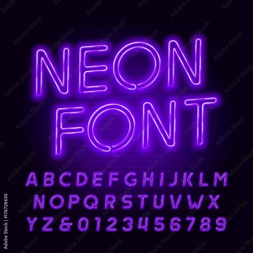 Purple neon tube alphabet font. Neon color oblique letters and numbers. Stock vector typeface for your headers or any typography design. Purple neon tube alphabet font. Neon color oblique letters and numbers. Stock vector typeface for your headers or any typography design.