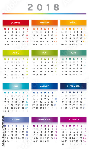 Calendrier 2018 en Allemand - Couleurs Arc-en-Ciel Format 4 Trimestres - 3 Colonnes