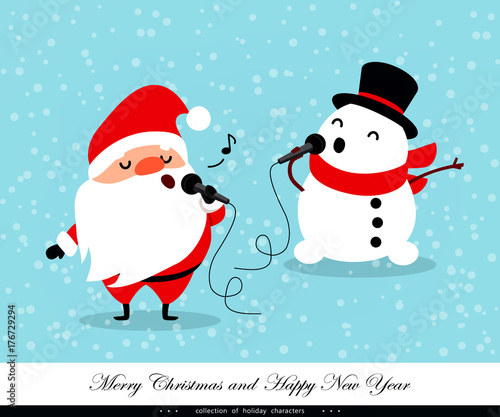 Santa Claus and Snowman sing. Emotional Christmas and New Year's characters. Humorous xmas collection. Vector illustration