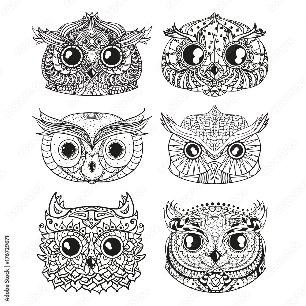 Owls. Heads. Design Zentangle. Hand drawn owl with abstract patterns on isolation background. Design for spiritual relaxation for adults. Black and white illustration for coloring. Zen art
