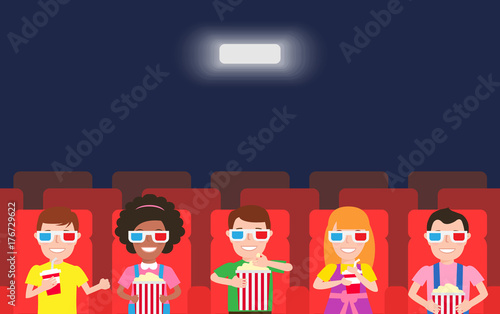 happy children watching  movie in cinema theater with 3d glasses