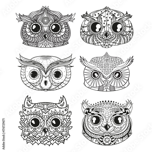Owls. Heads. Design Zentangle. Hand drawn owl with abstract patterns on isolation background. Design for spiritual relaxation for adults. Black and white illustration for coloring. Zen art