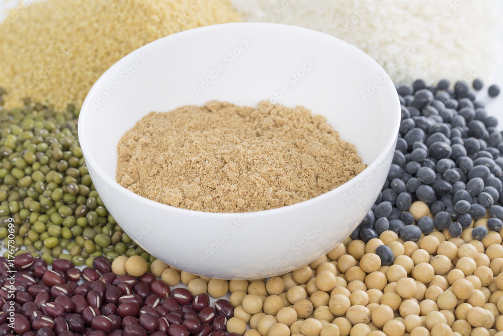 A variety of beans ground into powder. Black rice , ice, millet, beans, goji (wolfberry), and grind up those to make some kind of healthy food flour. It is a popular food in China, and named wugufen. A variety of beans ground into powder. Black rice , ice, millet, beans, goji (wolfberry), and grind up those to make some kind of healthy food flour. It is a popular food in China, and named wugufen.