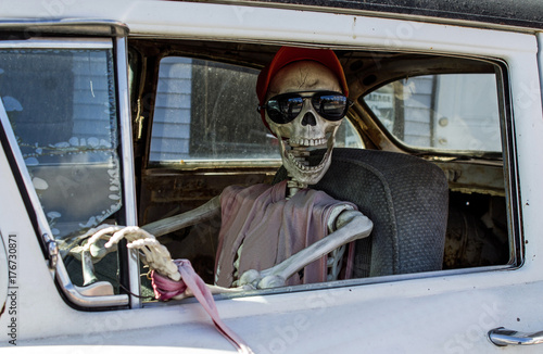 Skeleton in Sunglasses Driving a Car