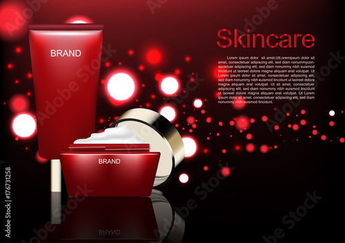 Cosmetic ads template, Opened cream and anti aging lotion with white and red bubble lights