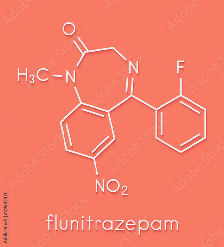 Flunitrazepam hypnotic drug molecule. Skeletal formula. photo