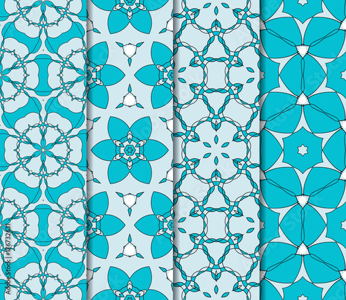 seamless ornamental pattern set. Floral geometric style. Vector illustration. For interior design, fabric print, page fill, wallpaper, textile. blue color