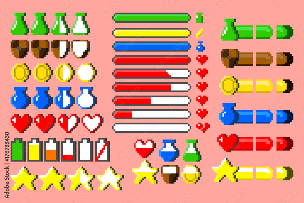 Level Complete 8 Bit Style Big set of 8-bit elements, life bar, progressor, stamina, power, energy ...
