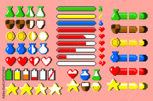 Big set of 8-bit elements, life bar, progressor, stamina, power, energy, mana level, money reserve vector illustrations. Retro, 8-bit style, pixel elements for nerd and classical game themed designs.