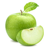 One green apple and quarter piece isolated on white background