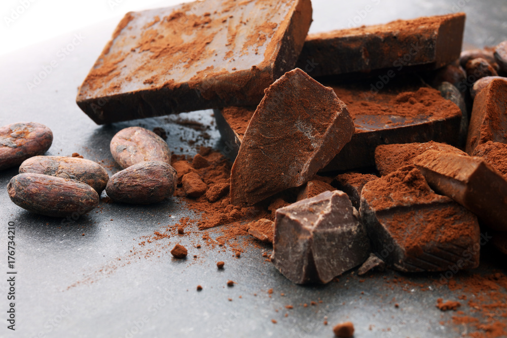 Raw cocoa beans, cocoa powder and chocolate pieces. Raw cocoa beans, cocoa powder and chocolate pieces.