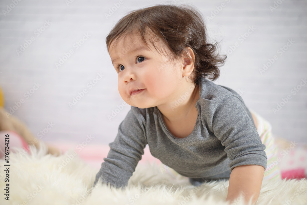 Sweet Beautiful baby girl playing on beautiful white furry.Newborn baby concept. Sweet Beautiful baby girl playing on beautiful white furry.Newborn baby concept.