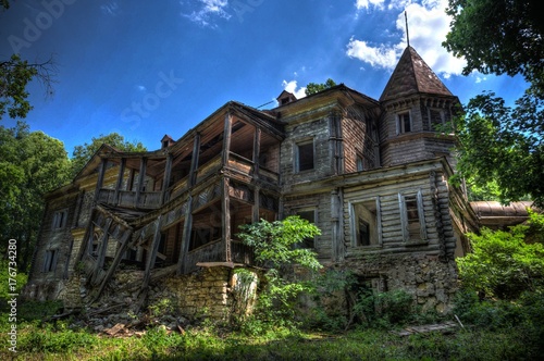 Creepy haunted rotten abandoned wooden palace. Former mansion of earl Naryshkin in Bikovo, Ryazan region