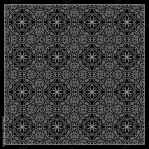 Black and White bandana print with tiling pattern maroccan style.Square pattern design for pillow, carpet, rug. Design for silk neck scarf, kerchief, hanky