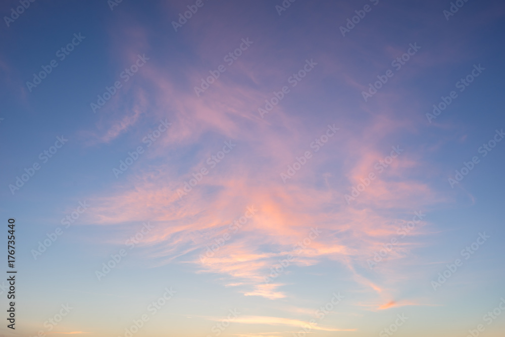 Evening sunlight on coast, pink clouds, blue sky reflection on water. Beach in summer. Seaside natural environment. Shore in Kesselaid, small island in Estonia. Nature Reserve in North Europe