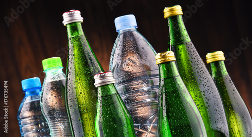 Different sorts of bottles containing mineral water