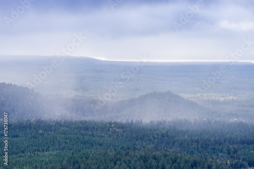 Mountains, forests, lakes view in autumn. Fall colors - ruska time in Konttainen. One part of Karhunkierros Trail. National park in Finland. Lapland, Nordic countries in Europe