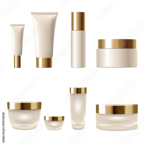 Set realistic 3d cosmetic package cream jar tubes. Light yellow beige gold metallic containers glass plastic isolated white background. Promotional empty ad product templates vector illustration