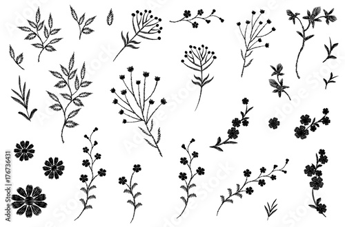 Embroidery flower field herb collection. Fashion print patch design floral DIY set. Stitched texture daisy leaves branches vector illustration