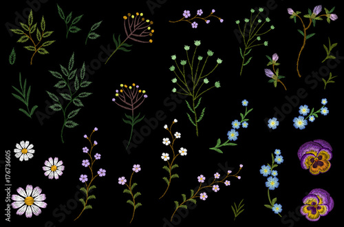 Embroidery flower field herb collection. Fashion print patch design floral DIY set. Stitched texture daisy pansies leaves branches vector illustration