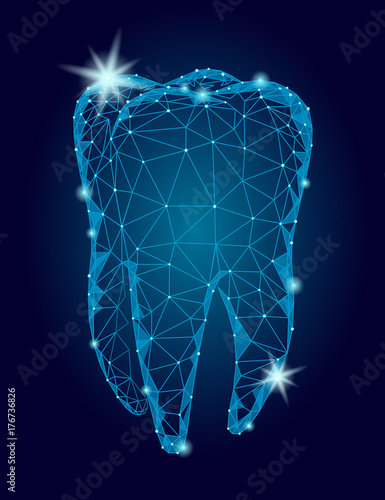 3d model tooth polygonal structure logo. Stomatology symbol low poly triangle abstract oral medical care business concept. Connected dot particle sparkle art vector illustration