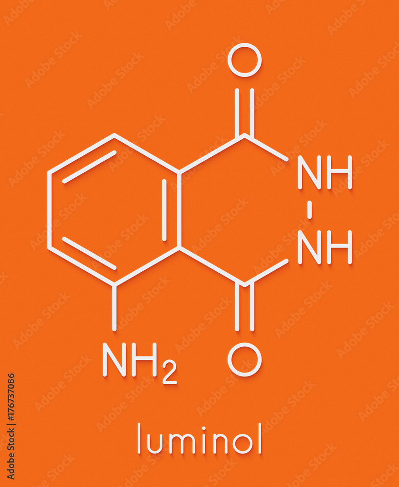 Luminol chemiluminescent molecule. Used to detect blood at crime scenes. Skeletal formula. Stock