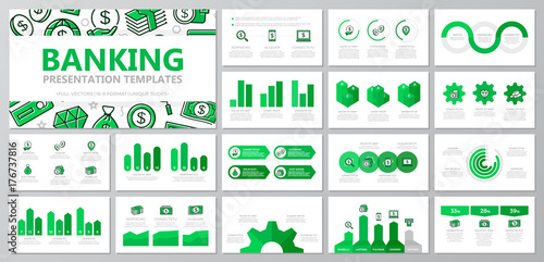 Set of bank and money elements for multipurpose presentation template slides with graphs and charts. Leaflet, corporate report, marketing, advertising, annual report, book cover design.