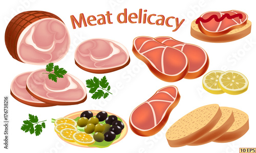 Ham isolated on a white background. Slices of smoked pork and bread. Delicious ham in a realistic style. Vector illustration.
