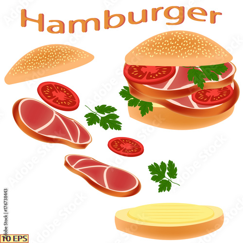Sandwich.  Bun with smoked pork. Hamburger with smoked ham . Bun with butter, cheese, tomatoes, parsley and delicacy meat. Vector illustration.