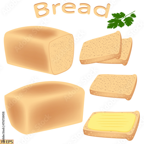 Bread. Bread sliced for sandwiches. Bread with butter. Vector illustration for recipe, menu restaurant, kitchen interior design.