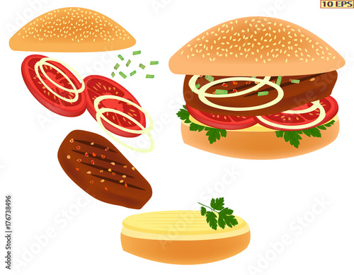 Fried cutlet and bread. Roasted steak on the bread on white background. Meat rissoles, tomato, onion, lettuce. Vector illustration for a recipe, restaurant menu, kitchen interior