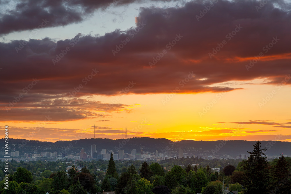 Colorful Sunset over Portland Oregon Downtown Skyline