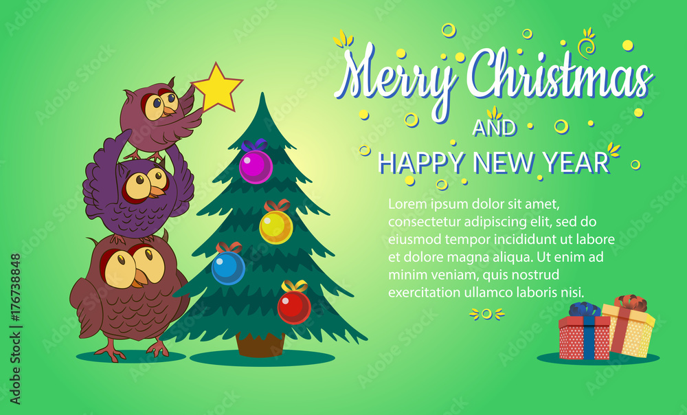 Merry Christmas and happy New Year,The owl family decorates the tree,vector illustration. Merry Christmas and happy New Year,The owl family decorates the tree,vector illustration.