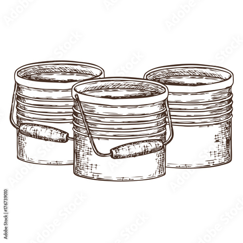 Buckets of paint on white background, cartoon illustration of repair tool. Vector